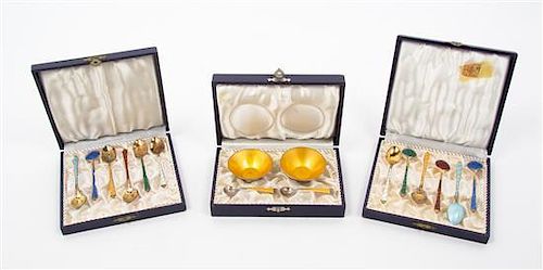 * A Group of Danish and English Silver-Gilt and Enamel Flatware Articles Diameter of salts 2 inches.