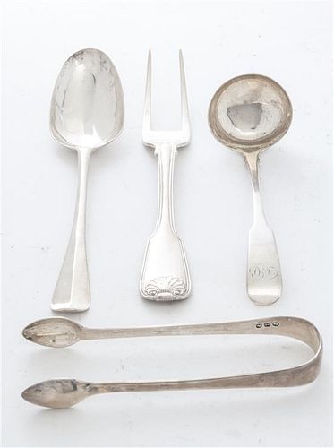 Four English Silver Serving Articles, various makers and dates, London, comprising a table spoon, carving fork, sugar tongs and