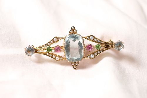 Antique YG Pin w/Aquamarine, Emerald & Rubies