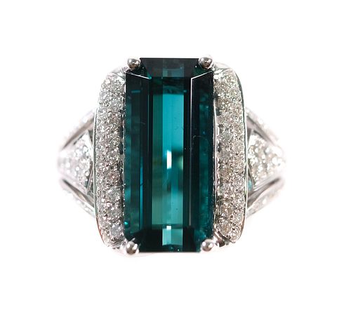 14k WG 9.38ct Blue Tourmaline & Diamond Ring