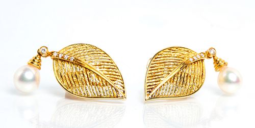 18K Diamond, Pearl Gold Dress Earrings