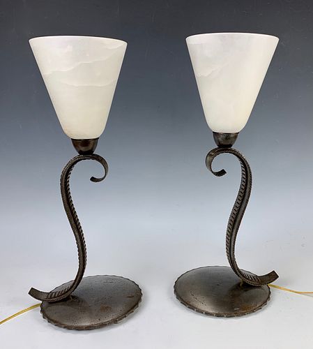 Edgar Brandt Wrought Iron & Alabaster Deco Lamps
