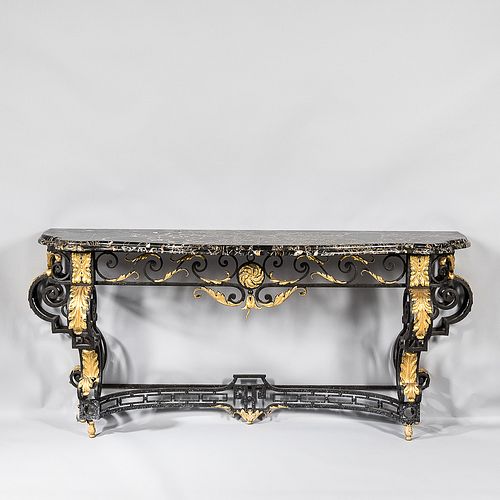 Two Wrought Iron and Marble Console Tables
