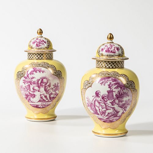 Pair of Yellow Ground Augustus Rex-style Porcelain Vases