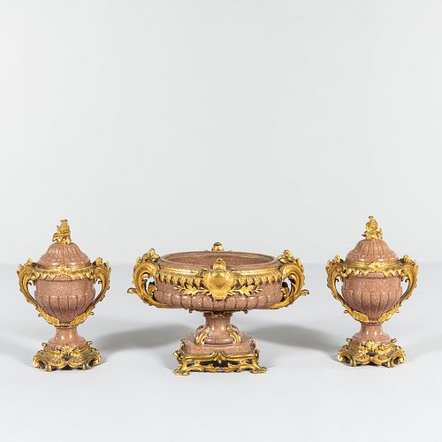 Three-piece Gilt-bronze and Pink Marble Garniture