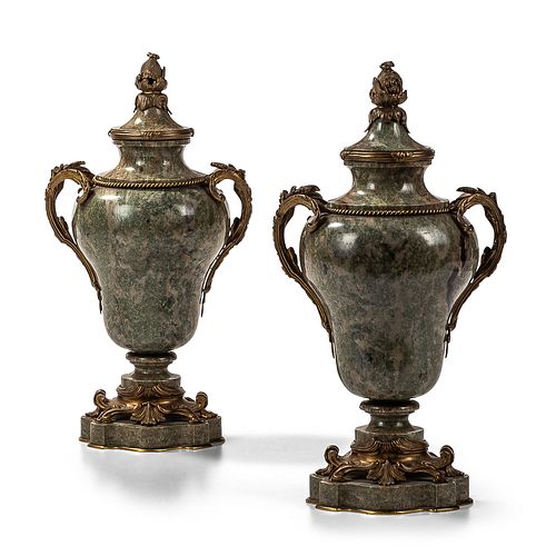 Pair of Gray/Green Marble and Bronze Urns