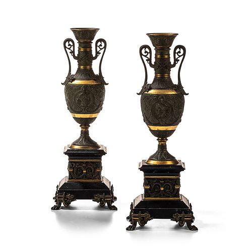 Pair of Gilt and Patinated Metal Urns