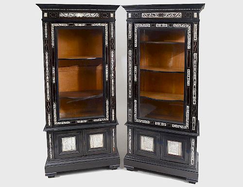 PAIR OF EBONIZED AND IVORY INLAID FLAT FRONT CABINETS