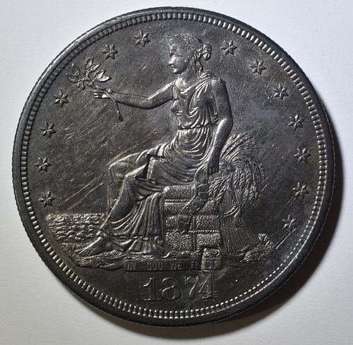1874-CC TRADE DOLLAR, AU/BU- SMALL CHOP MARKS
