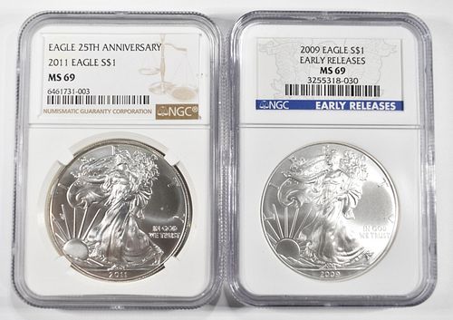 LOT OF 2 AMERICAN SILVER EAGLES: