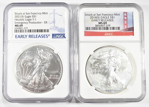 LOT OF 2 AMERICAN SILVER EAGLES:
