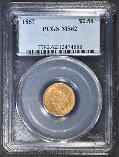1857 GOLD $2.5 LIBERTY  PCGS MS-62