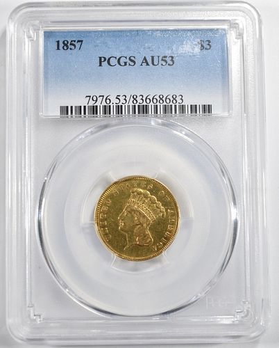 1857 GOLD $3 INDIAN PRINCESS PCGS AU-53