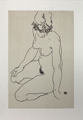 Egon Schiele (After) - Kneeling Female Nude Turning to