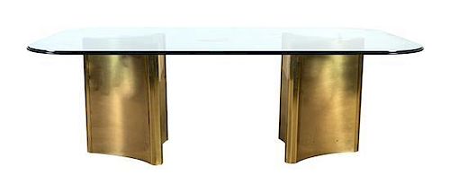 * A Mastercraft Brass and Glass Double Pedestal Table, Height 28 1/2 x width 84 x depth 48 inches.