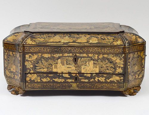 EXPORT GILT CHINOISERIE DECORATED BLACK LACQUERED SEWING BOX