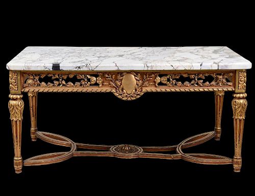 LOUIS XVI STYLE GILTWD CARVED BRECHE MARBLE TOP CONSOLE