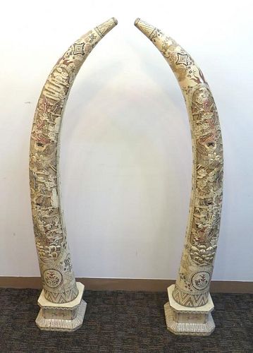 Pair Bone Tusk Sculptures