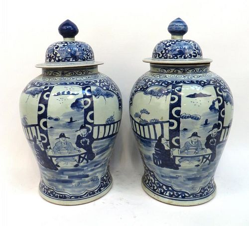 Pair Of Blue & White Lidded Vases
