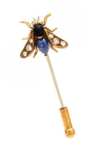 * A Victorian Yellow Gold, Diamond, Onyx and Sapphire Bee Pin, 0.80 dwts.