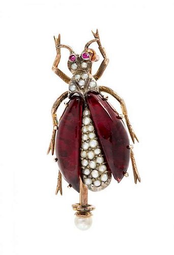 A Victorian Yellow Gold, Glass and Seed Pearl Beetle Brooch, 6.10 dwts.