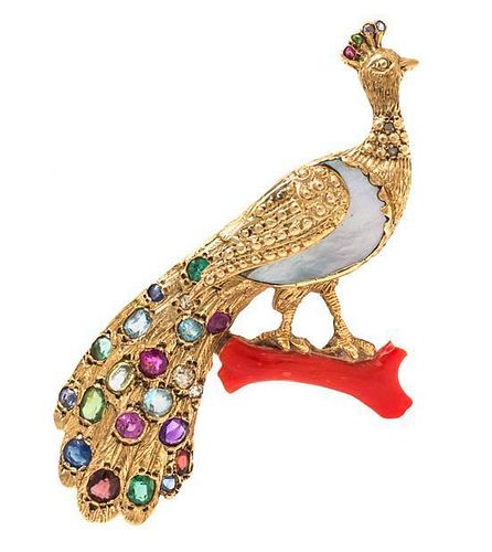 A Yellow Gold and Multigem Peacock Brooch, 13.40 dwts.