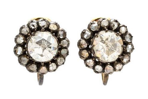 * A Pair of Yellow Gold, Silver and Diamond Screwback Earrings, Netherlands, 3.90 dwts.