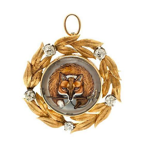 * A Yellow Gold, Diamond and Essex Crystal Fox Pendant/Brooch, 8.70 dwts.
