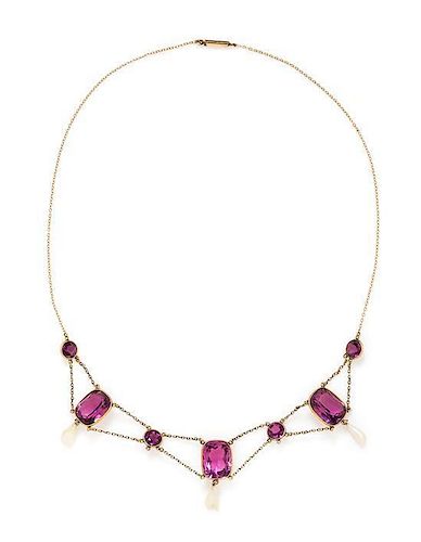 * An Art Nouveau Rose Gold, Amethyst and Pearl Swag Necklace, 6.00 dwts
