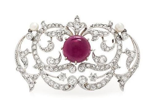 An Edwardian Platinum Topped Gold, Ruby, Pearl and Diamond Brooch, 12.30 dwts.