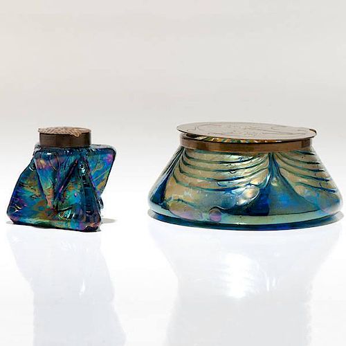 Wilhelm Kralik Sohn Geometric Inkwell and Loetz Art Nouveau Powder Jar 