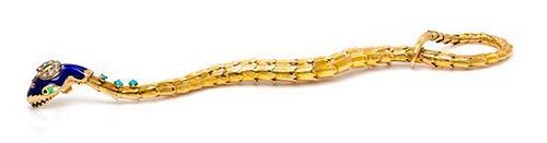 * A Yellow Gold, Emerald, Diamond, Multigem and Polychrome Enamel Serpent Bracelet, 25.00 dwts.