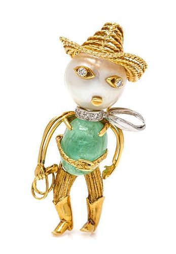 An 18 Karat Yellow Gold, Green Beryl, Cultured Pearl and Diamond Cowboy Brooch, Dessin, Paris, Circa 1960, 11.70 dwts.
