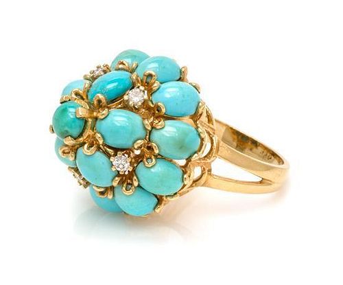 A Yellow Gold, Diamond and Turquoise Bombe Ring, 8.20 dwts.