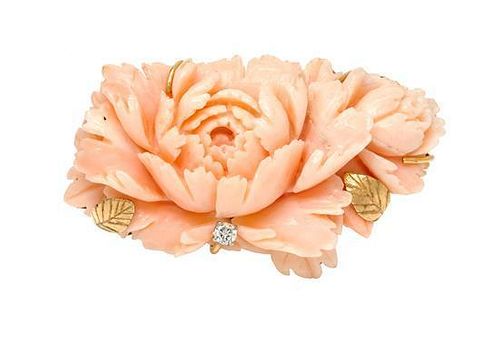 A Yellow Gold, Coral, and Diamond Brooch 30.90 dwts.