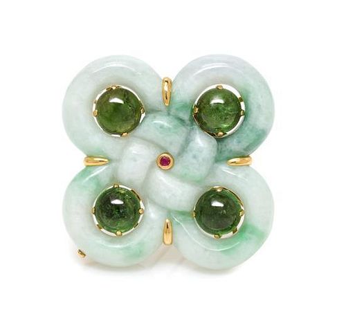 A Yellow Gold, Jade, Green Tourmaline and Ruby Brooch, 23.10 dwts.