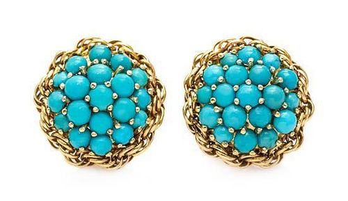 * A Pair of Yellow Gold and Turquoise Earclips, Cartier, 9.00 dwts.