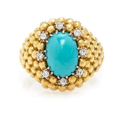 * An 18 Karat Yellow Gold, Turquoise and Diamond Ring, Van Cleef & Arpels, 5.20 dwts.