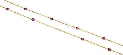 A Yellow Gold and Amethyst Long Chain Necklace, 15.80 dwts.