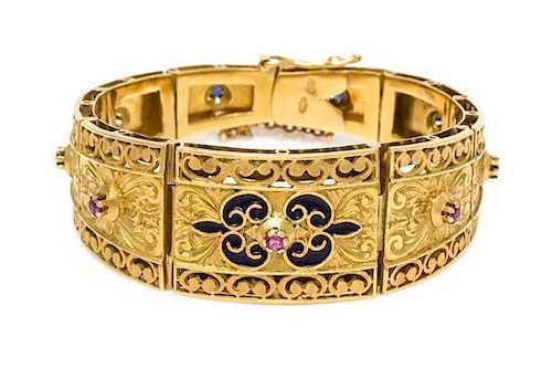 * An 18 Karat Yellow Gold, Sapphire and Enamel Bracelet, 35.20 dwts.
