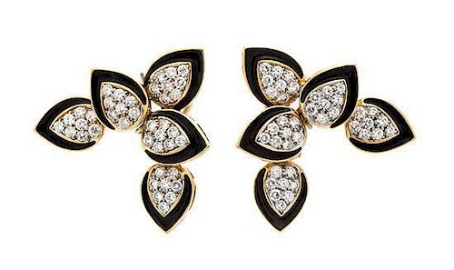 A Pair of Gold, Diamond and Enamel Earclips, 11.10 dwts.