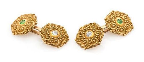 * A Pair of Yellow Gold, Diamond and Demantoid Garnet Cufflinks, Circa 1900, 7.70 dwts.