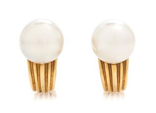 A Pair of 18 Karat Yellow Gold and Cultured Pearl Earclips, Bulgari, 6.30 dwts.