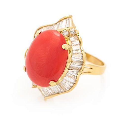 * A 18 Karat Yellow Gold, Coral and Diamond Ring, 8.20 dwts.