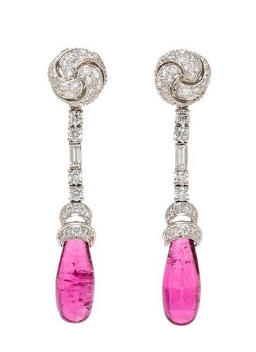 A Pair of Platinum, Pink Tourmaline and Diamond Knot Day/Night Pendant Earrings, Verdura, 9.50 dwts.