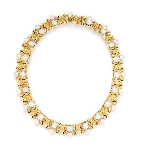 * An 18 Karat Yellow Gold, Pearl and Diamond Collar Necklace, 109.00 dwts.