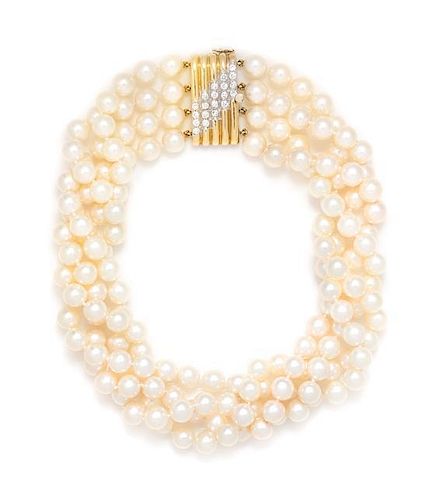 An 18 Karat Yellow Gold, Diamond and Cultured Pearl Multistrand Necklace,