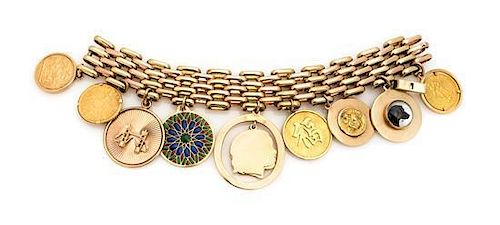 * A Retro 14 Karat Yellow and Rose Gold Charm Bracelet with 10 Attached Charms, 108.70 dwts.