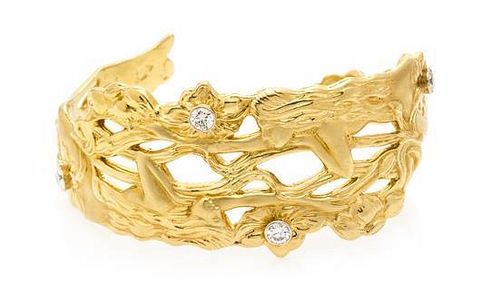 * A Yellow Gold and Diamond Figural and Floral Motif Cuff Bracelet, 33.80 dwts.