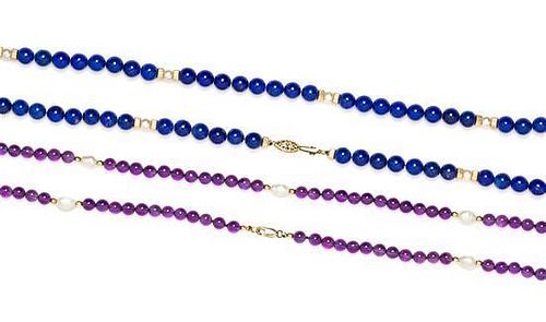 * A Collection of Amethyst, Lapis Lazuli, Gold and Cultured Pearl Bead Necklaces,